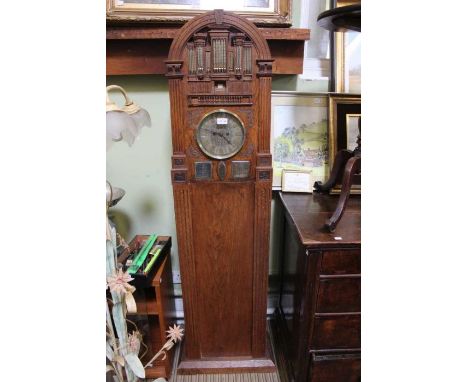 Fancy oak cased clock based on and presented to a church organist Condition Report - Mechanism looks ok, has pendulum but not