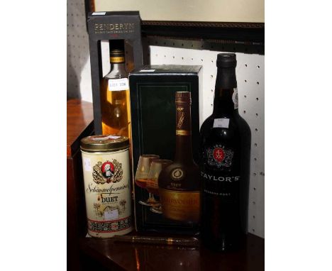 Penderyn Welsh single malt, a Courvoisier Cognac boxed, Taylors First Estate reserve plus a tine containing eight cigars&nbsp