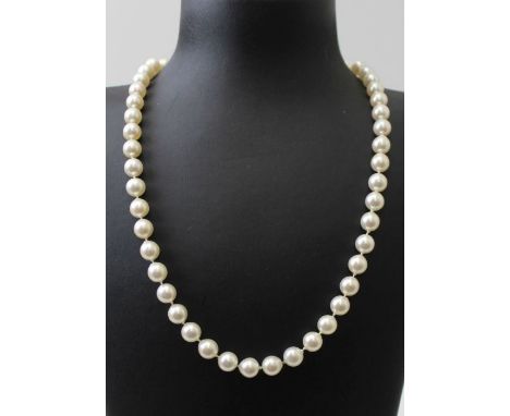 A strand of pearls necklace, fitted an enamel and diamond set clasp, length of pearls excluding the clasp 46cm long