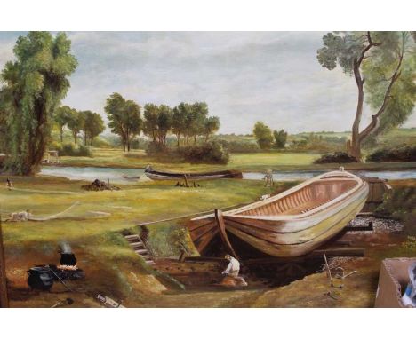 R Bartlett 1980, oil on canvas painting, Barge workers (in the manner of Constable), framed 
