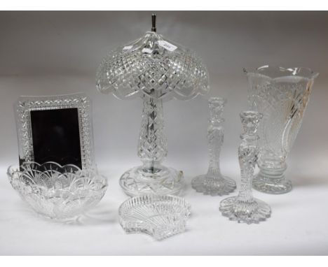 Glassware - a pair of Waterford Crystal candlesticks; a shell shaped dish; a large vase (a/f); a similar oval dish; a Waterfo