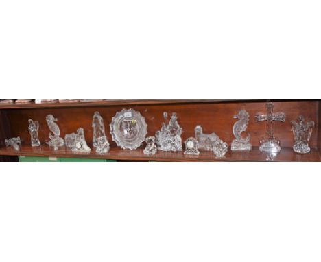 Waterford Crystal - a pair of Waterford Sea Horses; a small mantel clock; another similar; a pair of Angels; a pair of church