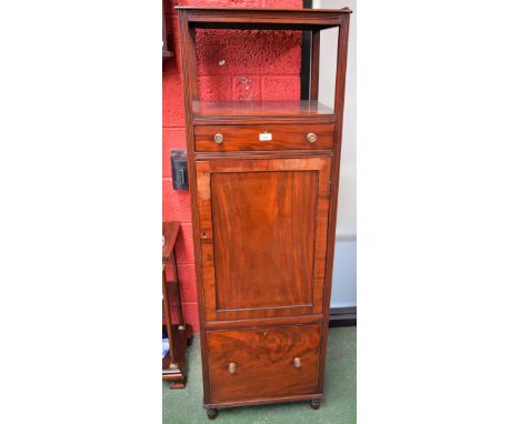 A George III style mahogany whatnot/side cabinet, rectangular top with shallow three-quarter gallery above an open shelf and 