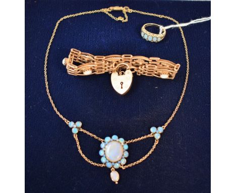 A 9ct gold Belle Epoque style pendant necklace, set with an arrangement of  polished opal cabochons and droplet, marked 375; 