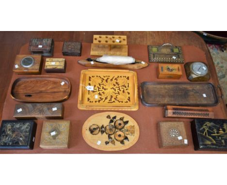Boxes and Objects - a fretwork twin handled tray; an Oriental lacquered box; another; an oak mounted barometer; a carved Indi