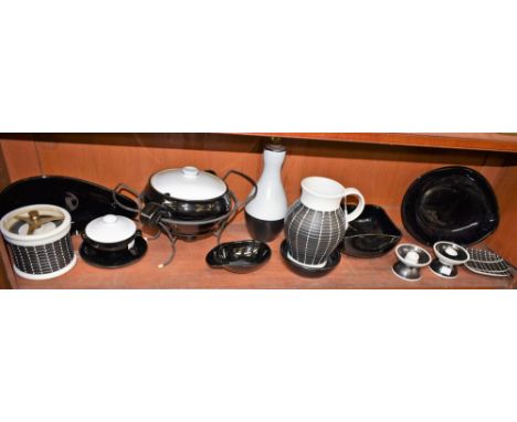 A Denby Burlington pattern single handled ovoid jug, 20cm, printed mark; others similar in monochrome, pair of candlesticks, 