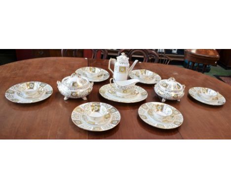 A Royal Crown Derby Green Derby Panel 1237 pattern part dinner service including two lidded tureens, sauce boat and stand, co