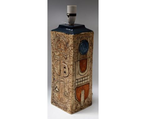 A Troika slab sided table lamp, decorated by Simone Kilburn, incised with roundels, and geometrical shapes, in blue, tan and 