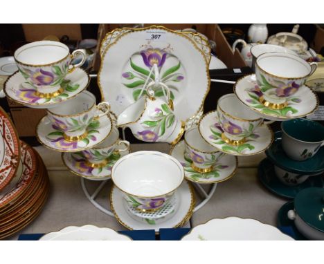 A Plant Tuscan floral decorated six setting tea set, pattern No C9062, comprising milk jug, sugar bowl, cups, saucers, side p