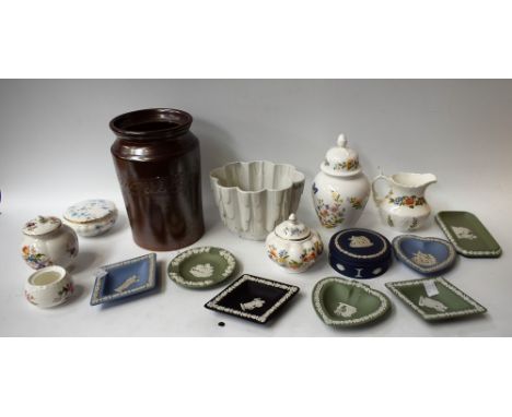 Ceramics - a Shelley pottery jelly mould; a salt glazed jar; a Wedgwood green Jasperware heart shaped pin dish, others, ashtr
