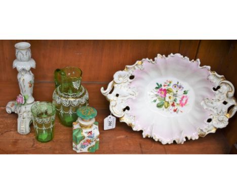 A Continental porcelain scent bottle; a German porcelain basket and candlestick; a Victorian glass jug and beaker (5)