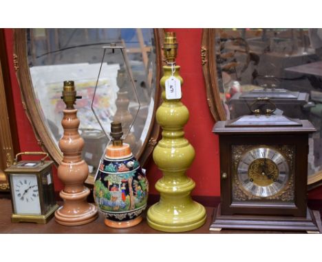 A brass cased carriage time piece; a Metamec mahogany cased mantel clock; a mid century Italian style table lamp; others simi