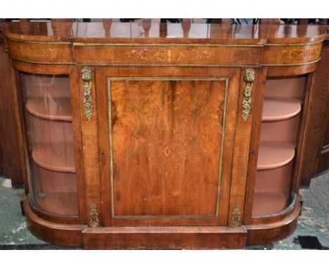 A 19th century gilt metal mounted walnut and marquetry credenza, well-figured breakfront top above a central panel door inlai