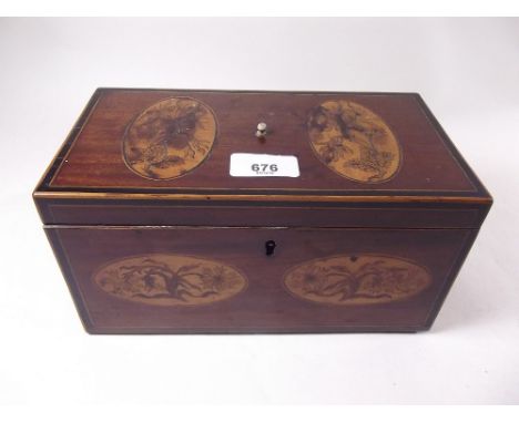 A George III mahogany marquetry tea caddy 24 x 13cm x 12cm, lacking interior