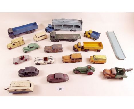 A collection of sixteen Dinky large gauge diecast toys including Transporter 582, Foden lorries, Comma tippers, caravan 190, 