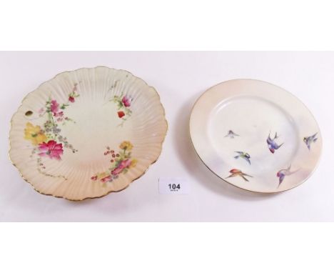 A Royal Worcester plate painted swallows and a dish painted flowers , 1905