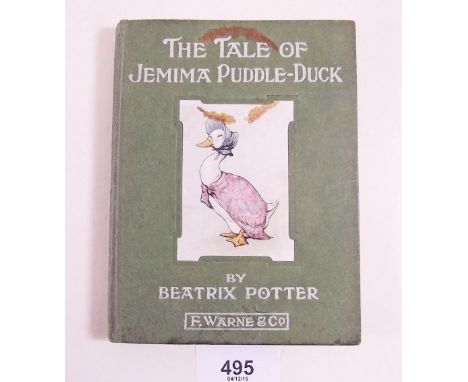 The Tale of Jemima Puddle Duck by Beatrix Potter, published F.Warne & Co. First Edition 1908, good condition other than stain