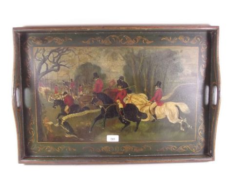 An early 20th century rectangular tray painted hunting scene