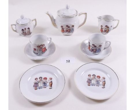 A child's porcelain tea service comprising: teapot, milk, sugar, four teacups and saucers and four plates (1 a/f)