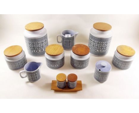 A set of six Hornsea 'Tapestry' storage jars, two jugs, cruet and preserve pot 