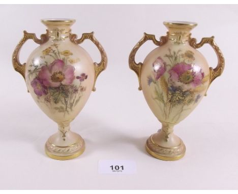 A pair of Royal Worcester porcelain blush vases No. 2209 painted poppies and wheat , both 1913