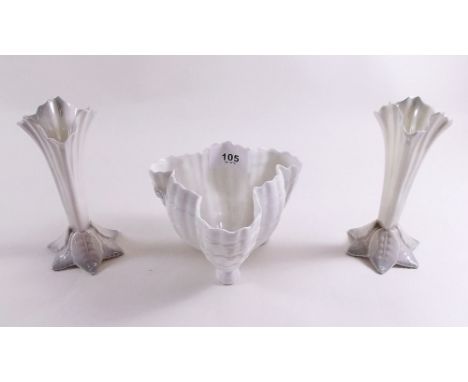 A Royal Worcester shell form white bowl, 1913 and two similar lustre vases 