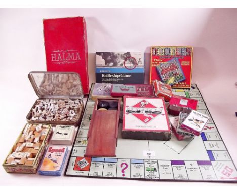 A quantity of old board games including Monopoly, set of dominoes, playing cards and Lotts Stone puzzle 