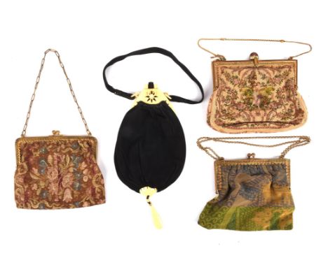 Four 1930s antique evening or Tango bags. Three with brass frames, two with fine embroidery, one with an enamel clasp, one is