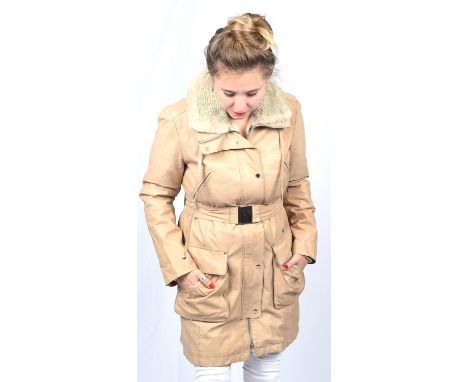 MARC CAIN excellent quality vintage caramel coloured ladies soft leather belted parka coat with detachable striped sheared ra