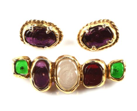 CHANEL Boxed brooch and earrings set. The brooch is set with 5  paste stones in green, red, pearl and mauve, stamped CHANEL19