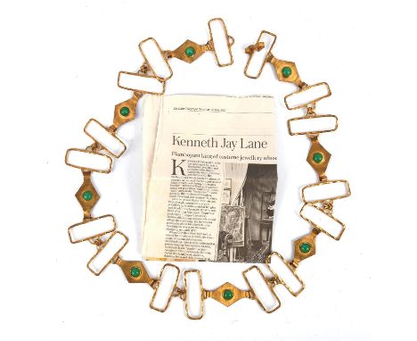 Costume jewellery. A gold tone and resin "jade" belt c1970 by (or in the style of) KENNETH JAY LANE - New York jeweller (88cm