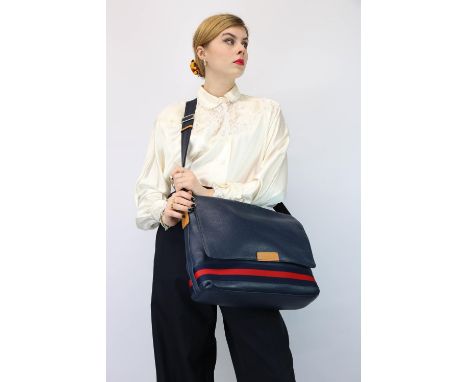 GUCCI vintage 1990s navy blue lamb's leather with red and navy sherry-line canvas stripe zipped crossbody large laptop/satche