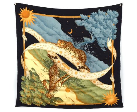 FERRAGAMO a silk scarf depicting leopards (87cm x 87cm) together with a gold tone FERRAGAMO scarf-ring and a gold-tone BURBER
