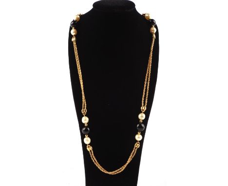 CHANEL faux pearl and black bead chain link necklace in gilt metal, with a Chanel insignia to the box clasp, measures 95cm lo