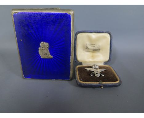 Gurkha Interest - A silver and blue enamel cigarette case with crest to front - Length 8cm - hallmarked Birmingham 1936 - tog