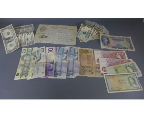 A white £5 note - 19th May 1947 - M21 055261 K Peppiatt - small rips to edge - and 21 assorted banknotes to include a blue £5