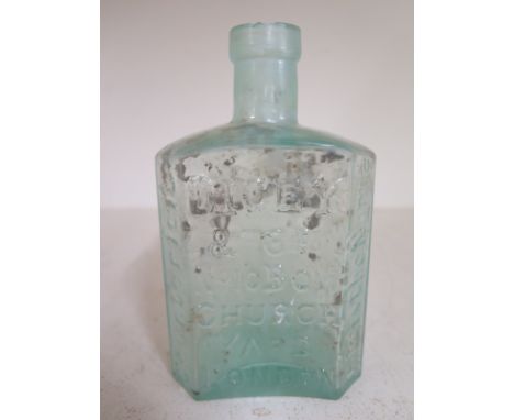 A 19th century moulded TRUE DAFFY'S ELIXIR BOTTLE - DICEY & CO  No. I0 BOW CHURCH YARD, LONDON - aqua glass - Height 13cm x 7
