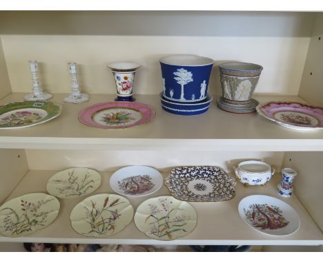 A Spode hand painted Botanical plate together with four Worcester plates, Jasperware candlesticks etc - 19 pieces in total - 