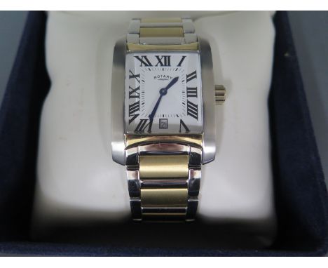 A gentleman's Rotary wristwatch with Roman numerals to white rectangular face finished in bi-metal case and strap, date apert