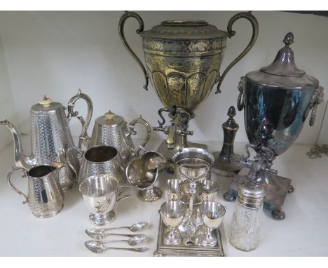 A selection of silver plated items including tea and coffee service, spoons, large and small samovars etc