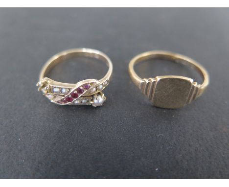 Two 9ct gold rings - sizes I and K - general wear, stones missing to one - approx total weight 3 grams