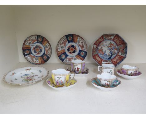 A collection of 19th century porcelain to include five Dresden cups and four saucers, a pair of Oriental plates and bowl and 