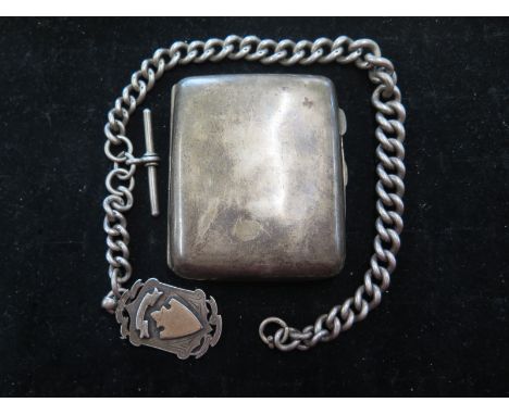 A heavy silver watch chain with fob together with a silver cigarette case, various dates and makers - approx total weight 6.9