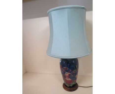 A Moorcroft Finches pattern table lamp with blue shade - Base height 28cm - Height including shade 55cm Condition report: Goo