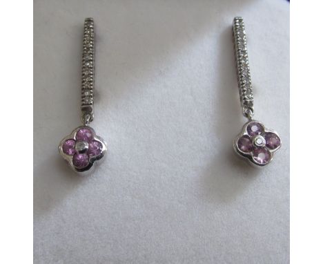 A pair of white gold diamond and pink sapphire drop earrings, 2.5cm drop, 2.1g