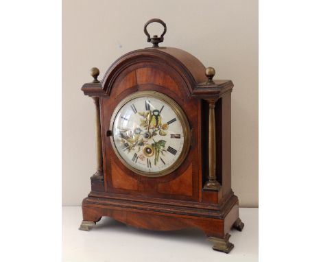 An inlaid mahogany bracket clock with enamelled dial painted birds – 'Parus Major', 10.5” high