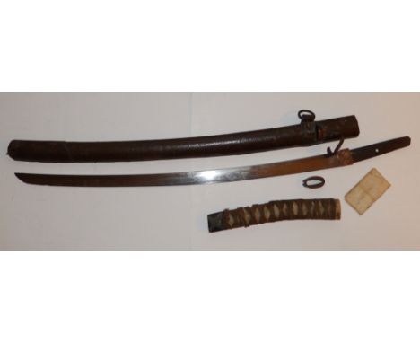 A Japanese katana with Koto blade and WWII silk surrender tag – impressed mark to leather scabbard