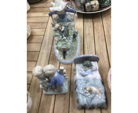 LLADRO FIGURE OF A GIRL WITH PUPPIES, 22cm high, along with four other Lladro figures and two other similar figures (7)