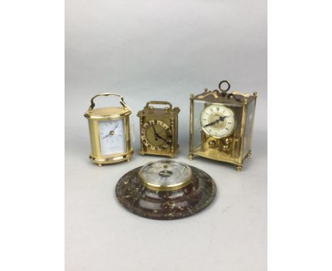 KOMA 1970S GILT MANTEL CLOCK, 18cm high, along with a London Quartz Company carriage clock, another gilt metal clock by Smith