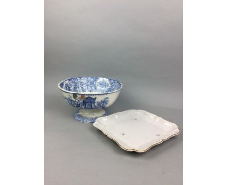 LATE 19TH CENTURY BELLS POTTERY BLUE AND WHITE PUNCH BOWL, 25cm diameter, along with a Masons circular wash basin, a stonewar